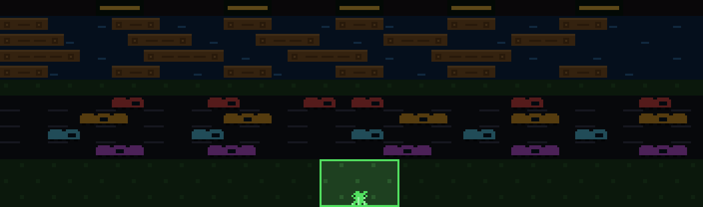 pixel-art rollout of biological neurones trained by frontier computing guiding a frog across four lanes of moving cars and a river of drifting logs